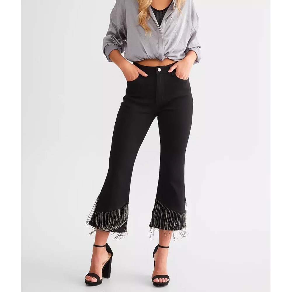 Risen Jeans Black High Rise Rhinestone Fringe Hem Cropped Flare Denim 7/28 c5